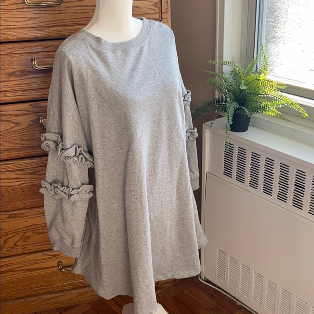 New Grey Ruffled Sleeve sweatshirt Short Mini Dress Size Large Nordstrom - Picture 2 of 5